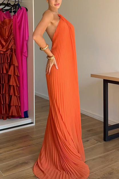 Halter Open Back Pleated Maxi Dress