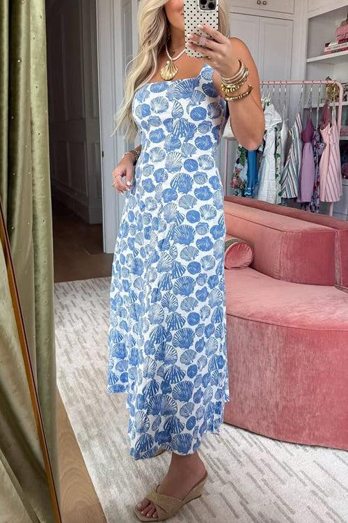 Square Neck Sleeveless Shell Print Pocketed Midi Dress