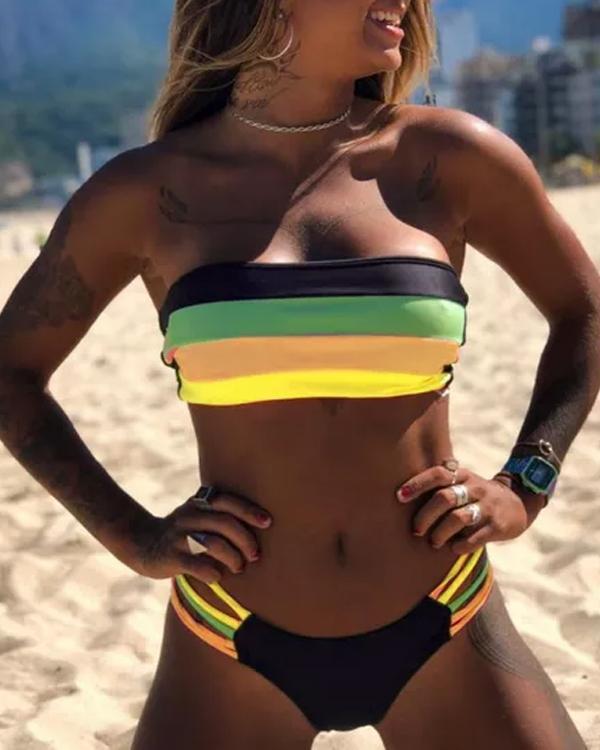 Clidress Neon Rainbow Stripes Two Piece Bikini Set