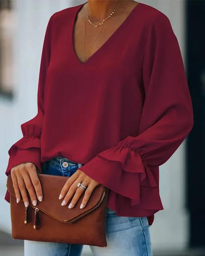 Clidress V Neck Scollop Sleeve Satin Top