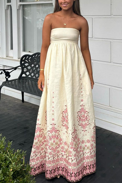 Spaghetti Strap High Waist Floral Print Cotton Linen Maxi Dress