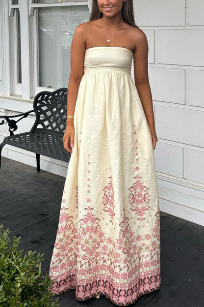Spaghetti Strap High Waist Floral Print Cotton Linen Maxi Dress