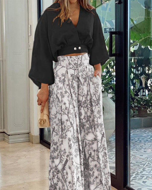 Clidress Short Tops and Printed Wide Leg Pants 2 Pieces Set