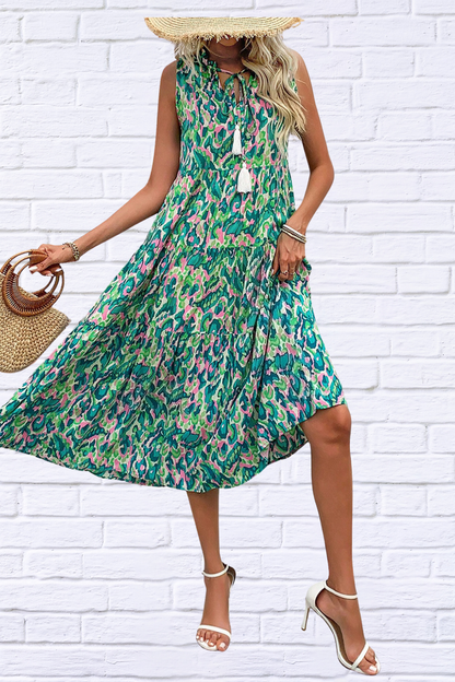 Tassel Printed Tie Neck Sleeveless Dress Turquoise