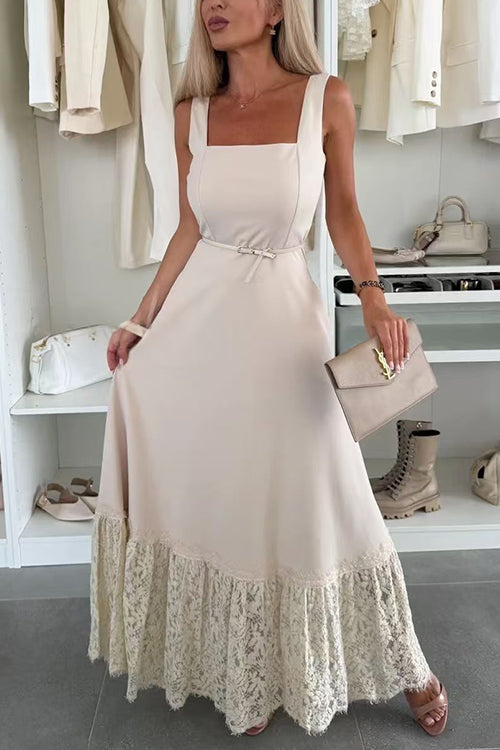 Square Neck Sleeveless Lace Splice Maxi Dress