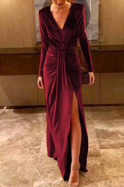 Deep V Neck Slit Ruched Velvet Party Dress(5 Colors Available) Burgundy