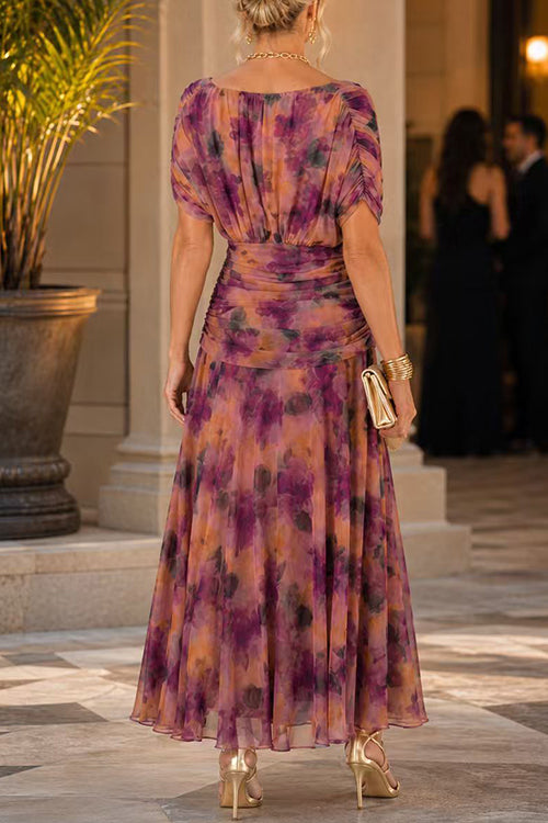 V Neck Short Sleeves Floral Print Maxi Dress