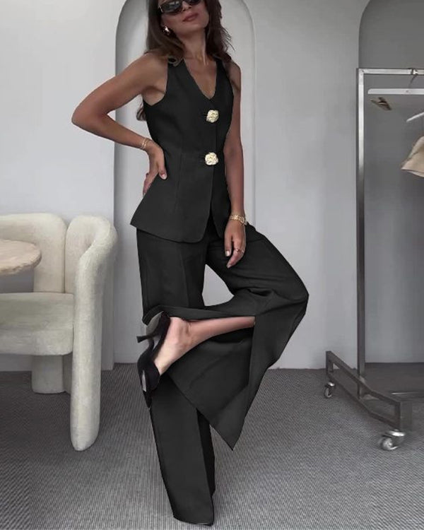 Clidress Big Gold Button Vest & City Pants 2 Pieces Set Suit(12 Colors)