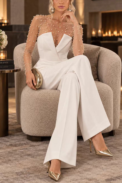 V Neck Strapless Pocketed Wide Leg Jumpsuit (A)