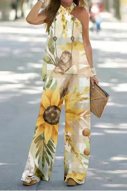 Criss Cross Halter Sleeveless Top Wide Leg Pants Printed Vacation Set Beige