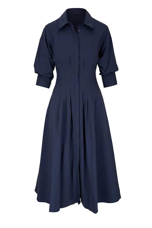Lapel Button Up Solid Midi Shirt Dress