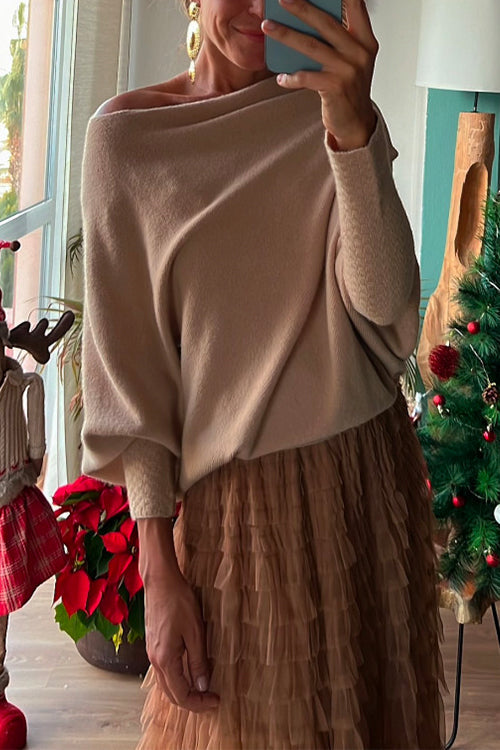 Boat Neck Batwing Sleeves Cozy Pullover Sweater Brown