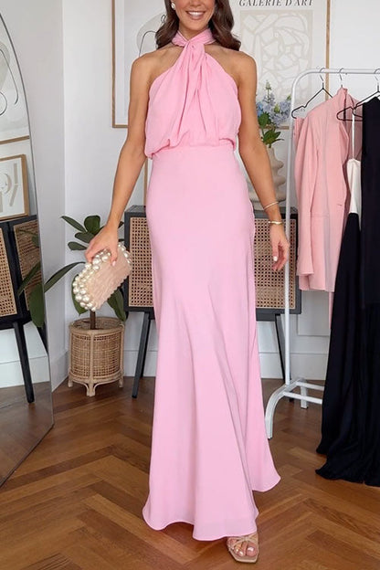 Halter Sleeveless Open Back Waisted Maxi Dress