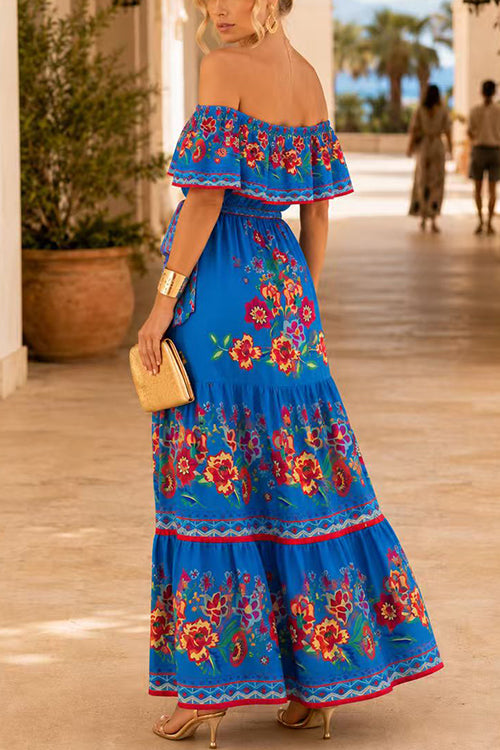 Off Shoulder Bow Waist Floral Print Ruffle Maxi Dress
