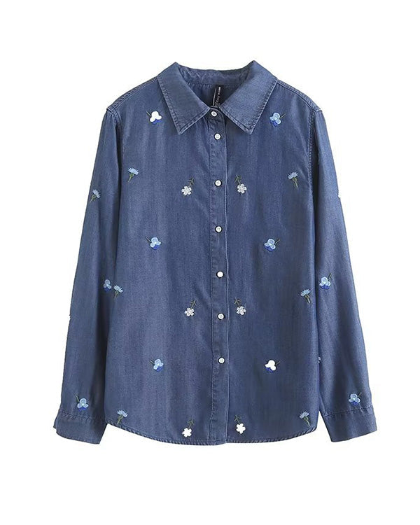Clidress Embroidered Flower Denim Shirt