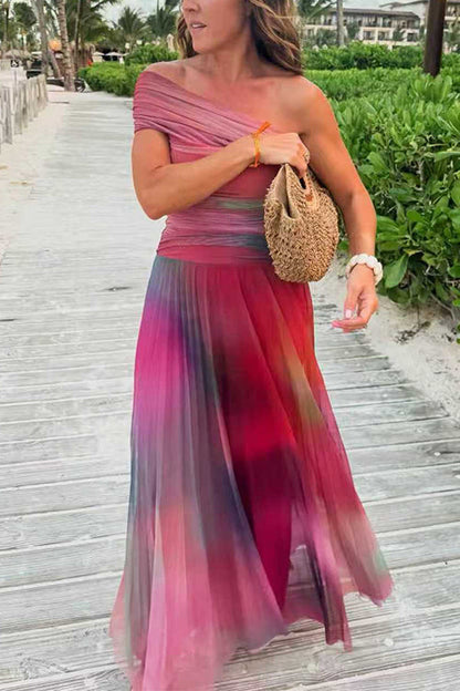 Off Shoulder Sunset Gradient Pleated Maxi Dress