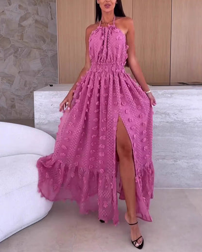 Clidress Halter Neck Backless 3D Flower Dress