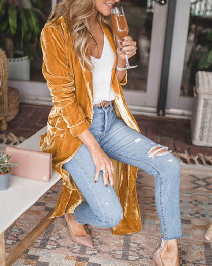 Clidress Loose Elastic Velvet Long Cardigan Jacekt Coat
