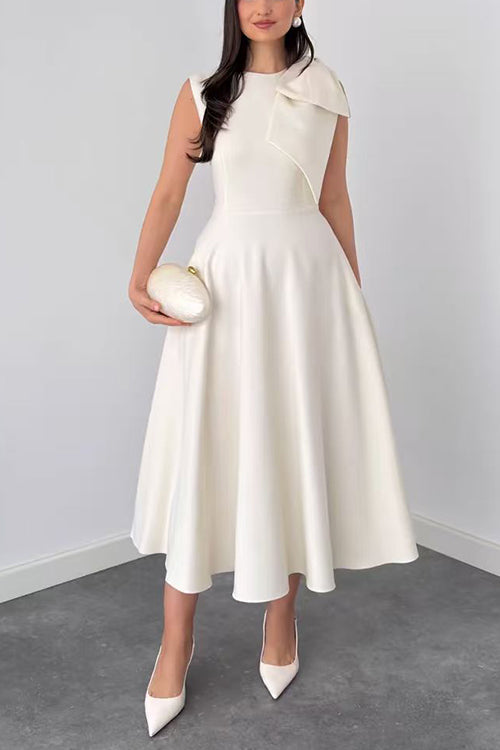 Crewneck Sleeveless Bow Shoulder Swing Midi Dress