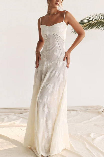 Spaghetti Strap Back Lace-up Applique Flower Maxi Swing Dress White