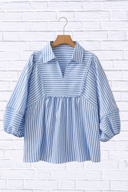 Striped Notched 3/4 Sleeve Blouse