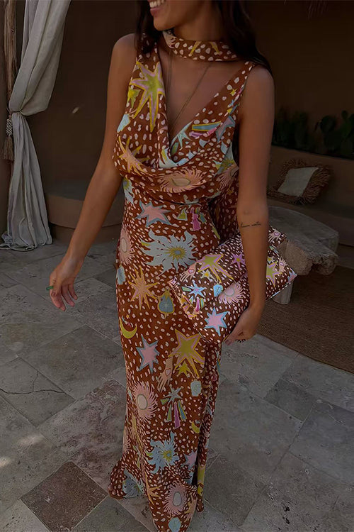 Cowl Neck Open Back Printed Maxi Dress with Scarf