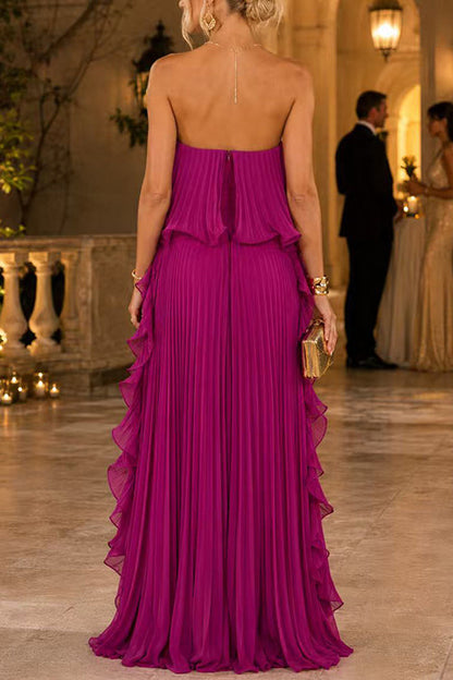 Strapless Tube Ruffle Pleated Swing Maxi Dress