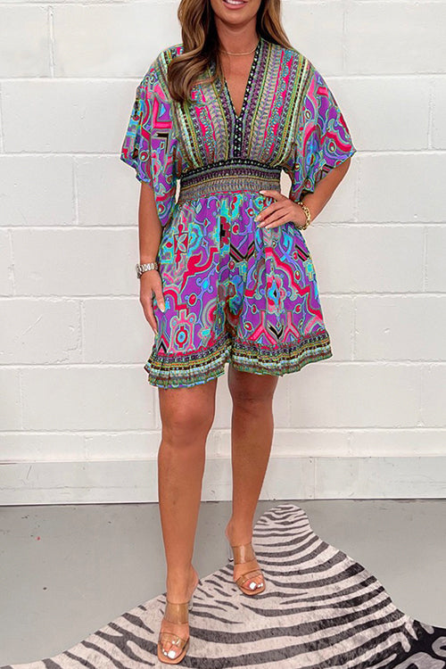V Neck High Waist Wide Leg Printed Ruffle Romper Purple