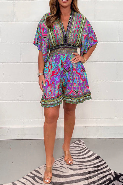 V Neck High Waist Wide Leg Printed Ruffle Romper Purple