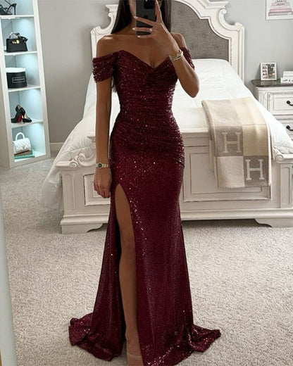 Clidress V Neck Sequins Slit  Maxi Party Dress
