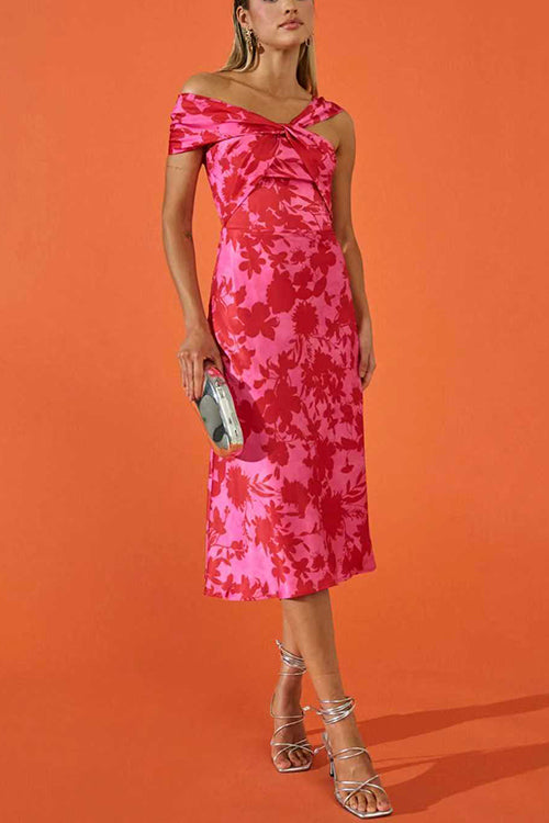Twist Front High Waist Floral Print Midi Dress