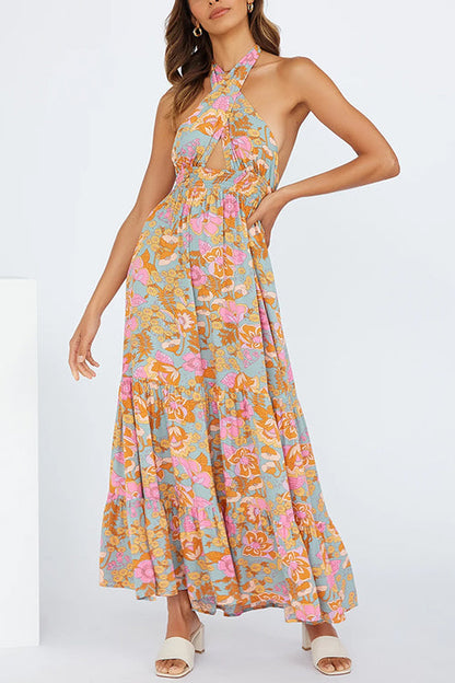Criss Cross Halter Backless Cut Out Slit Floral Maxi Dress