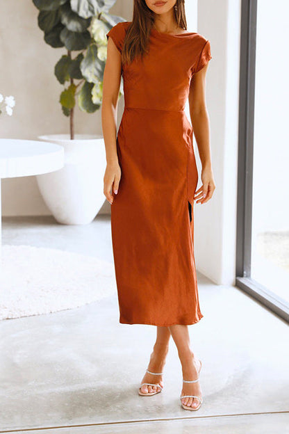 Short Sleeve Twist Backless Slit Satin Dress Champagne