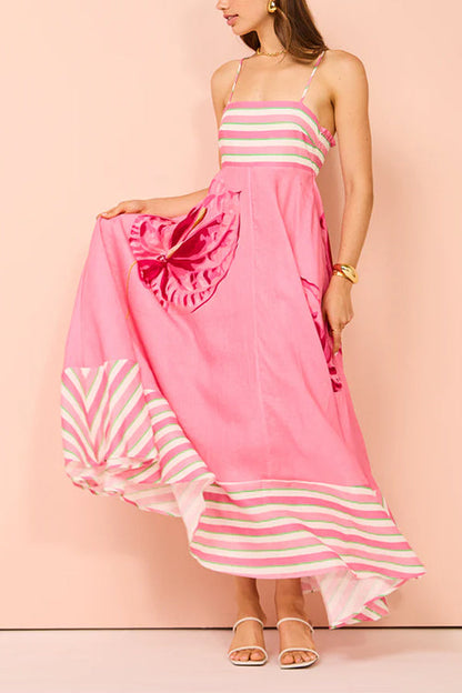 Backless Stripes Splice Floral Print Swing Maxi Cami Dress