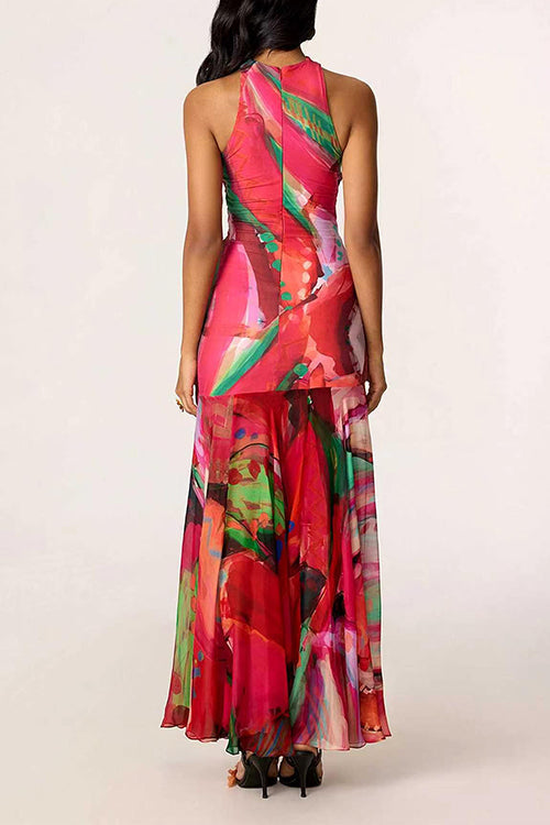 Mockneck Sleeveless Ruched Printed Maxi Dress