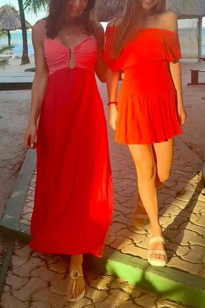 Spaghetti Strap Color Block Zipper Back Maxi Dress