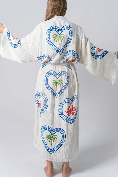 Raw Hem Tie Waist Printed Beach Vacation Kimono Maxi Dress