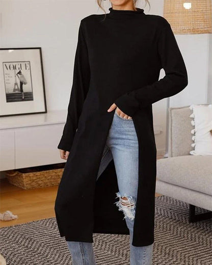 Clidress Mock Neck Side Knit Split Long Sweater