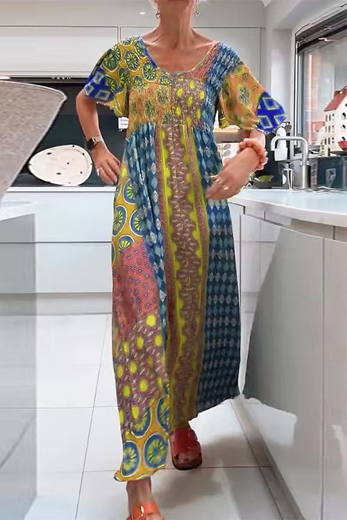 Round Neck Short Sleeves Printed Maxi Dress