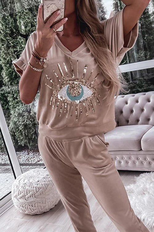 Sequin Pattern V Neck Short Sleeve Top with Pocketed Pants Casual Set
