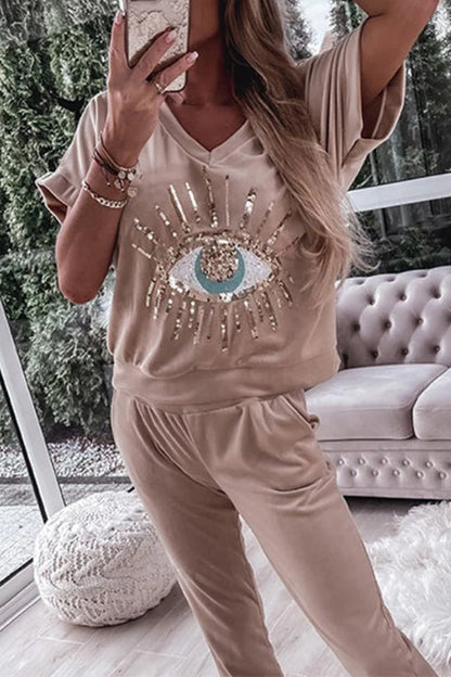 Sequin Pattern V Neck Short Sleeve Top with Pocketed Pants Casual Set