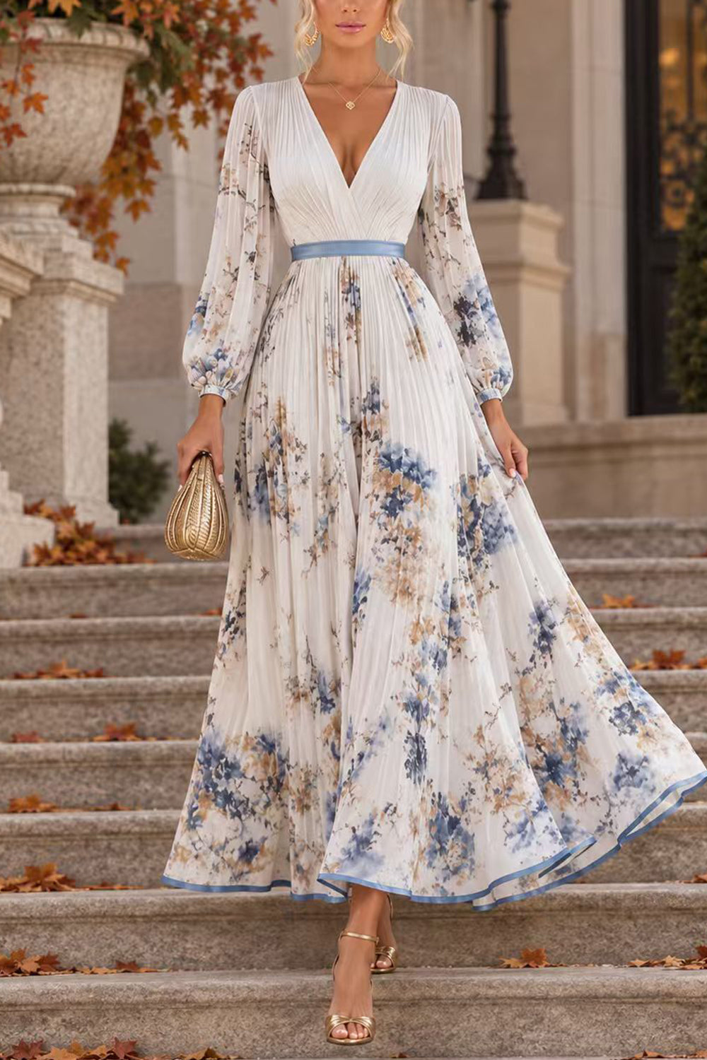 V Neck Lantern Long Sleeves Floral Print Pleated Maxi Dress (B)