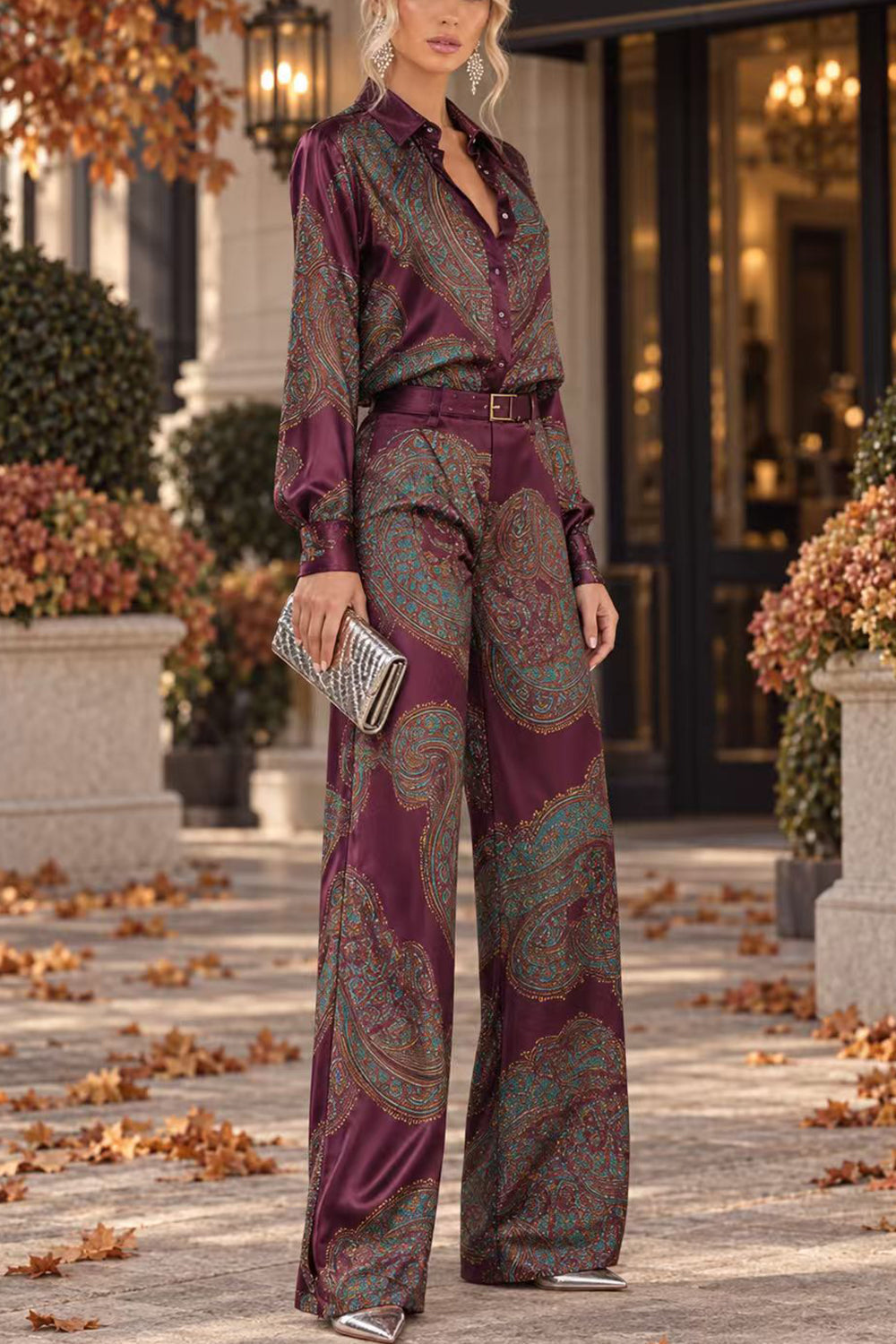 Lapel Long Sleeves Shirt High Rise Pocketed Straight Leg Pants Paisley Print Set (C)