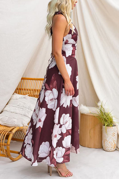Halter V Neck Back Lace-up Floral Print Maxi Dress