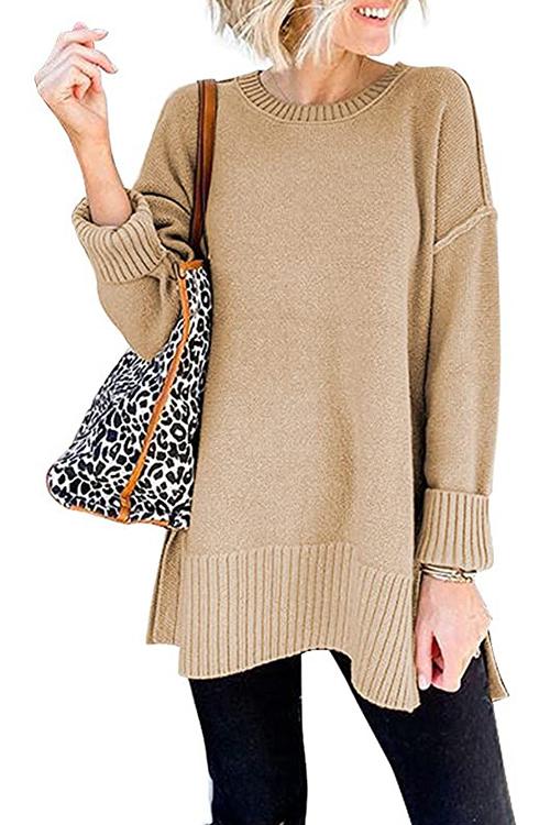 Drop Shoulder Side Split Loose Sweater