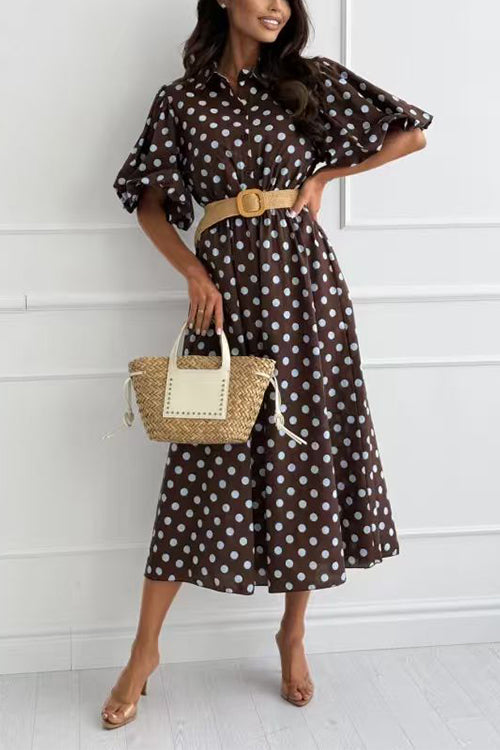 Collared Short Sleeves Button Up Polka Dot Midi Dress