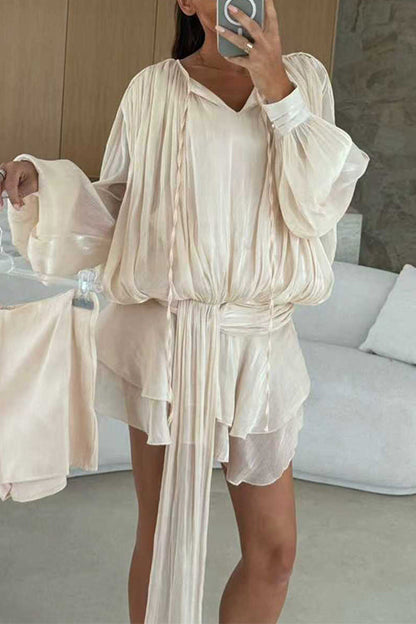 Lantern Long Sleeves Draped Ruffle Layered Mini Dress with Shorts