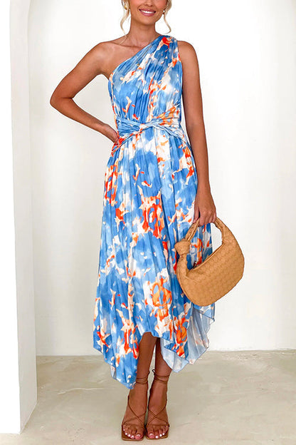 One Shoulder Twist Front Printed Irregular Dress