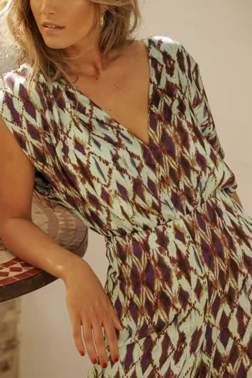 V Neck Short Sleeves Waisted Printed Straight Leg Jumpsuit