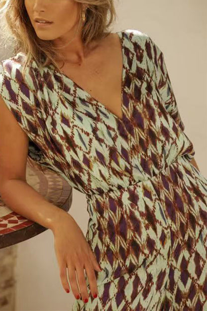 V Neck Short Sleeves Waisted Printed Straight Leg Jumpsuit